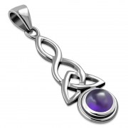 Long Amethyst Genuine Stone Celtic Trinity Knot Silver Pendant, p484